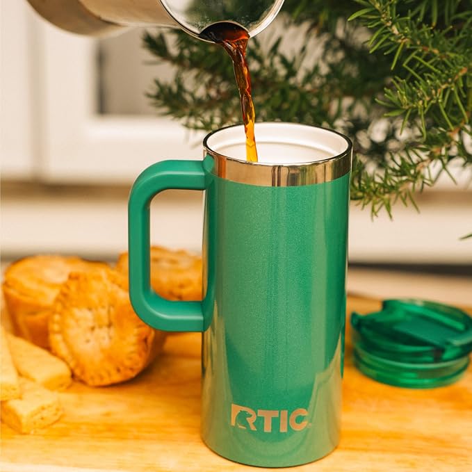 RTIC 20oz Road Trip Travel Mug with Lid and Handle, Ceramic Lined, Insulated, Stainless Steel, Metal, Double Wall Vacuum-Insulation, Portable Coffee, Tea Cup for Hot and Cold Drink, Pine Tree Glitter