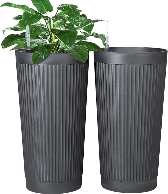 FENCY 2Pack 24IN Self Watering Planter for Indoor Plants, Plastic Large Planter for Outdoor Plants, Water Level Indicator& Spacious Reservoir Flower Planter Decorative(Grey)