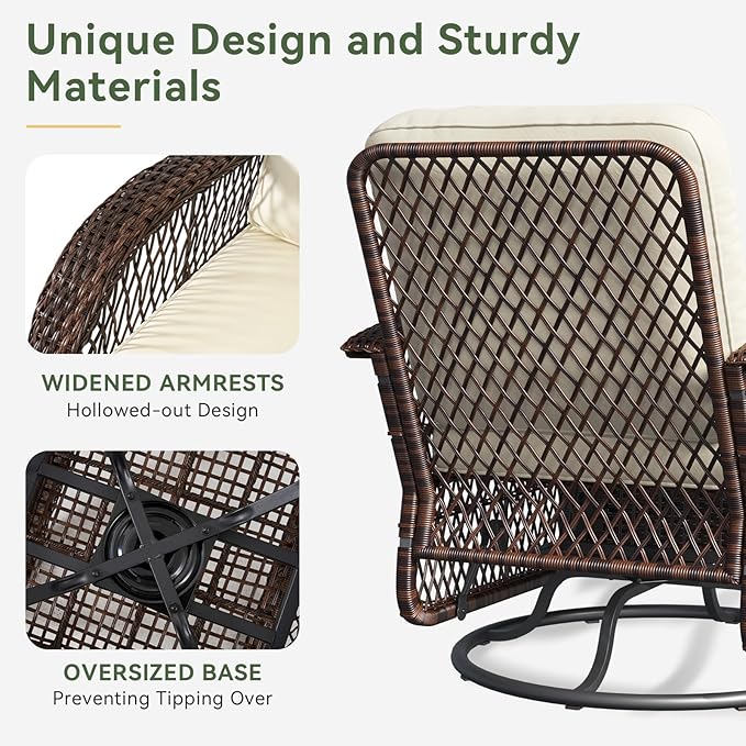 Aoxun 3 Pieces Patio Furniture Set, Patio Swivel Rocker Chairs Set of 2, Wicker Outdoor Bistro Set with Rocking Chair, Thickened Cushions and Table for Porch (Beige)
