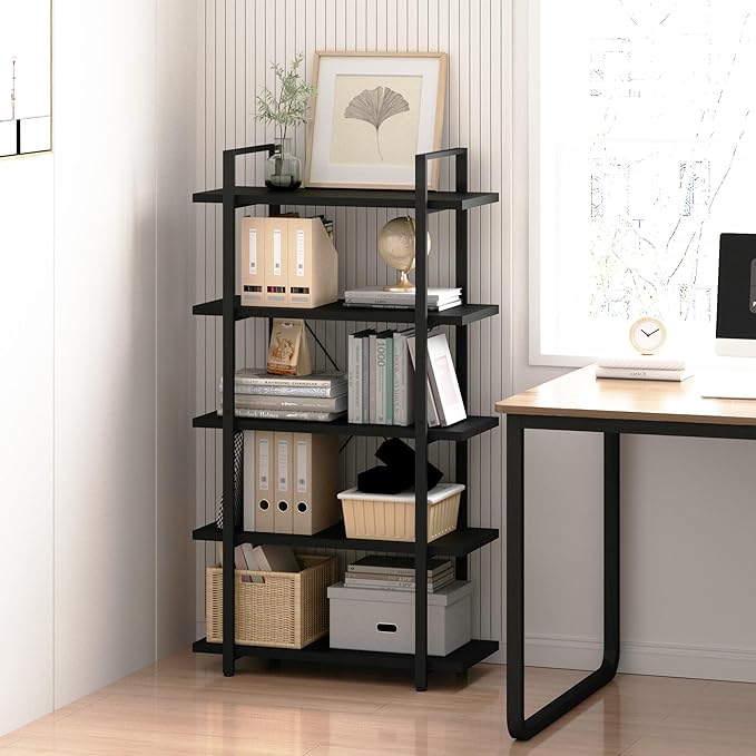 Tall Bookshelf with Large Storage,5 Tier Bookcase in Bedroom,Living Room and Office,Modern Wide Bookcase Shelf for Storing Books/Plants,Black