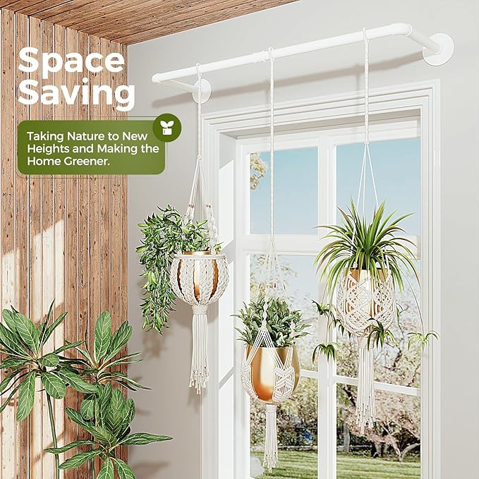 Bamworld Hanging Planters for Indoor Plants Plant Hanger Indoor Hanging Plant Holder Window Plants Shelves Metal Rod(Pot&Chains Not Included) 36.2in White