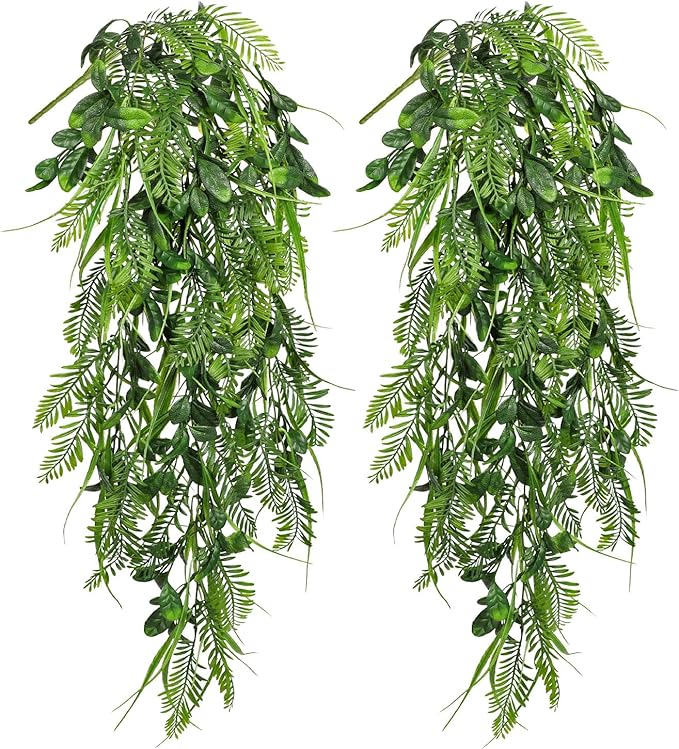 Hollyone 2pcs Artificial Hanging Plant 36" Faux Ferns Artificial Plastic Greenery Ivy Leaves Fake Vines for Wall Farmhouse Living Room Kitchen Shelf Garden Home Patio Indoor Outdoor Decor