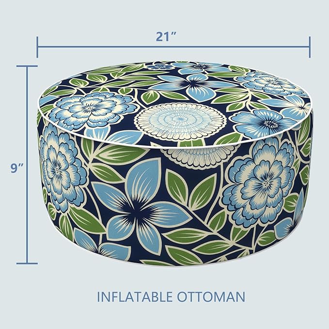 LVTXIII Inflatable Stool Ottoman Footrest with Handle, Decorative Fade-Resistant Foot Stool, Indoor or Outdoor Pouf for Home Garden and Camping Use, 21x21x9, Azure Botanical Symphony