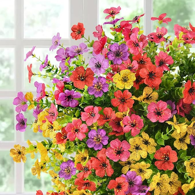 Artificial Flowers Faux Plants Outdoor Fake Flowers Spring Decor,12 Bundles Outdoor Flower Plastic Plant Colorful Daisy UV Resistant for Porch Patio Yard Garden Pot Planters