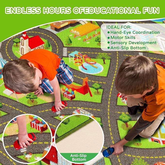 Kids Rugs Traffic Road Carpet for Car City Map Play Rug 3.3'×5' for Playroom Educational Mat Area Rug, Kid Playtime Collection Toddler Car Track Rug Cute Cartoon (City Road B, 39.4×59 in)