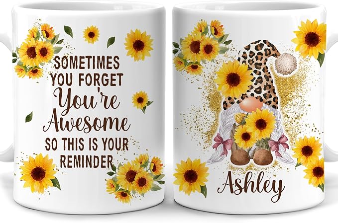 Hyturtle Personalized Gnome Mug Gifts For Gnome Lover, Thank You Gift Ideas | Cool Birthday Gifts For Women - Motivational Sunflower Custom Name 11oz White Ceramic Coffee Tea Mug, Comfort grip handle