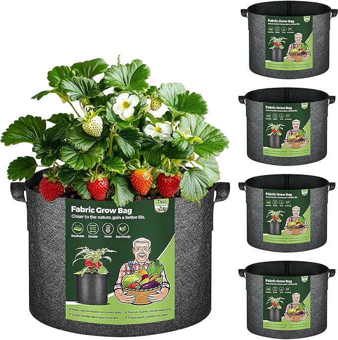 T4U Fabric Plant Grow Bags with Handle 10 Gallon Pack of 5, Heavy Duty Nonwoven Smart Garden Pot Thickened Aeration Nursery Container Black for Outdoor Potato, Tomato, Chili, Carrot and Vegetables