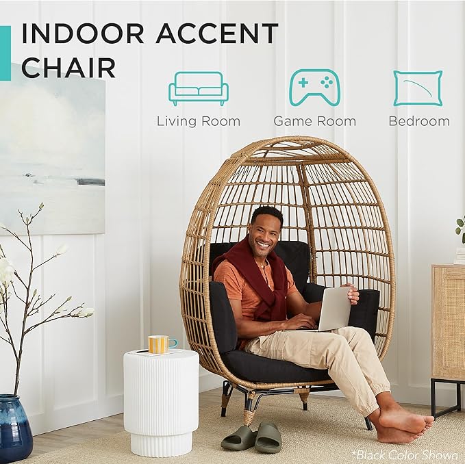Best Choice Products Wicker Egg Chair, Oversized Indoor Outdoor Lounger for Patio, Backyard, Living Room w/ 4 Cushions, Steel Frame, 440lb Capacity - Gray/Heather Gray