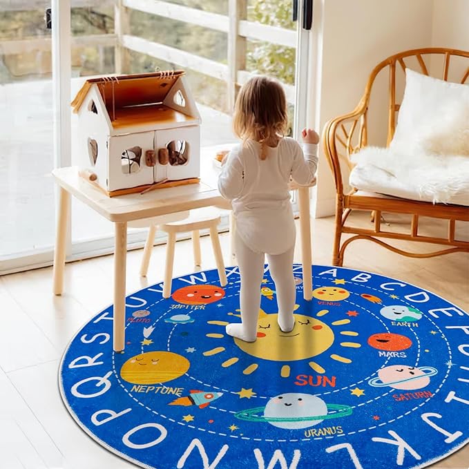 Round ABC Kids Rug,4 Ft Soft Circle Alphabet Playroom Rug,Washable Non-Slip Solar System Kids Play Rug,Space Educational Rug Kids Carpet for Classroom Playroom Bedroom Kids Room Decor