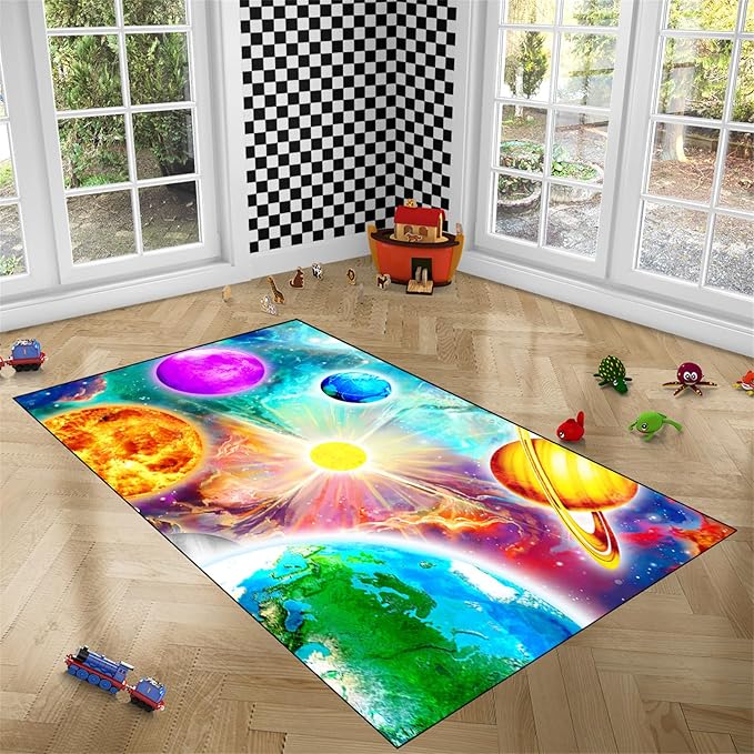 Space Rug for Boys Room - Solar System Rugs for Boys Bedroom Outer Space Area Rug for Boys Bedroom Kids Rugs for Playroom Galaxy Area Rugs for Kids Bedroom Space Rug Living Room,4'5''×6'