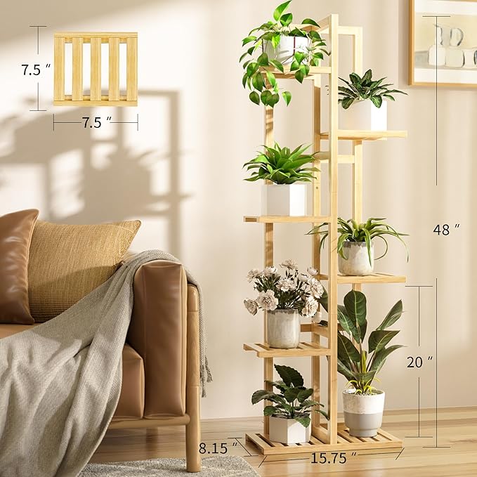 6 Tier Bamboo Plant Stand Indoor, Wood Tall Flower Holder Corner Tiered Plant Shelf for Multiple Plants (Natural)