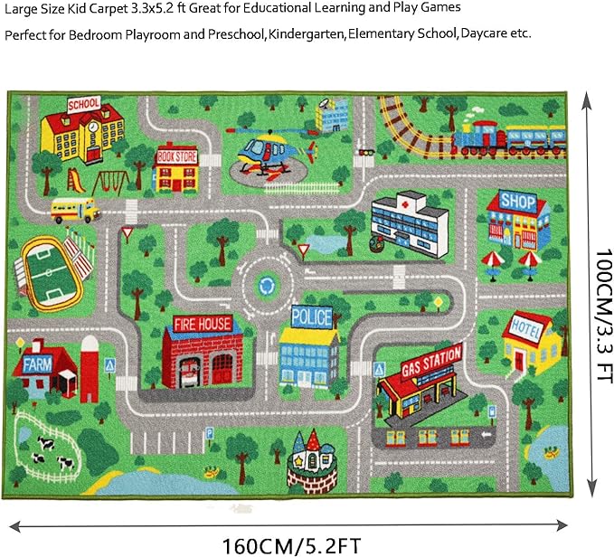 Kids Play Rug for Playroom 5.2x3.3 ft Town City Road Map Car Mat Play Mat Educational Learning Carpet Area Rug for Boy Girl Toddler Bedroom Playroom