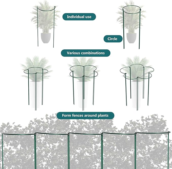 TCBWFY 10 Pack Garden Plant Support Stakes,10" Widex16 High Heavy Duty Interlinked Half Round Peony Support Ring Cage for Indoor Outdoor Plants,Plant Supports for Peony,Tomato,Hydrangea,Rose