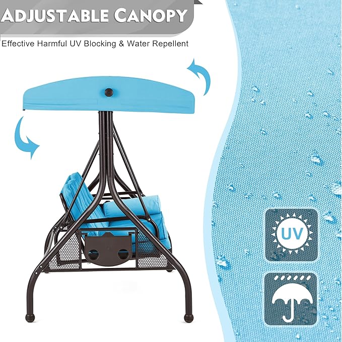 HOMREST 3 Seat Outdoor Porch Swing with Adjustable Canopy, Convertible Patio Swing Bed with Stand, Patio Glider Swing with Upgraded Cup Holder, Thicken Cushions & Pillow for Backyard(Sky Blue)