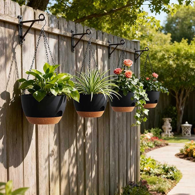 4 Pack 8 Inch Self Watering Hanging Planters for Indoor Outdoor Plants,Hanging Pots for Plants with Drainage Removable Tray, Hanging Baskets Flower Pots for Pothos Spider Garden Black with Brown