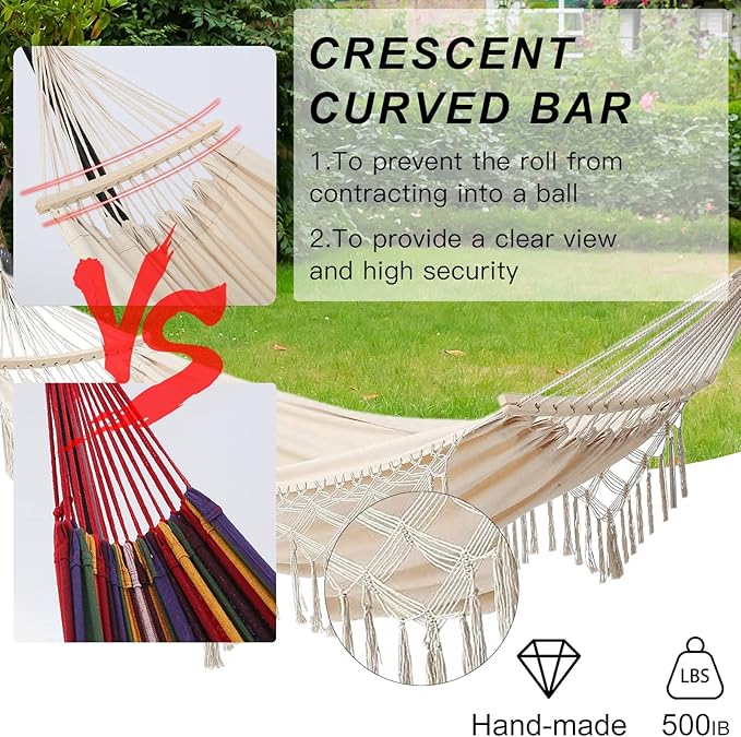 Hammock Hanging Swing Double Max 500lbs Macrame for Indoor Outdoor Patio Yard Garden (Beige)