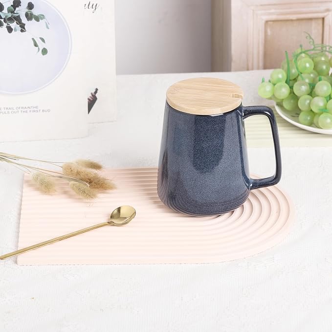 Large Ceramics Coffee Mugs,24 OZ,With Spoon And Wooden Lid,For Coffee,Tea,Cocoa,Large Handle Design,Microwave And Dishwasher Safe(Color:24 oz blue set)