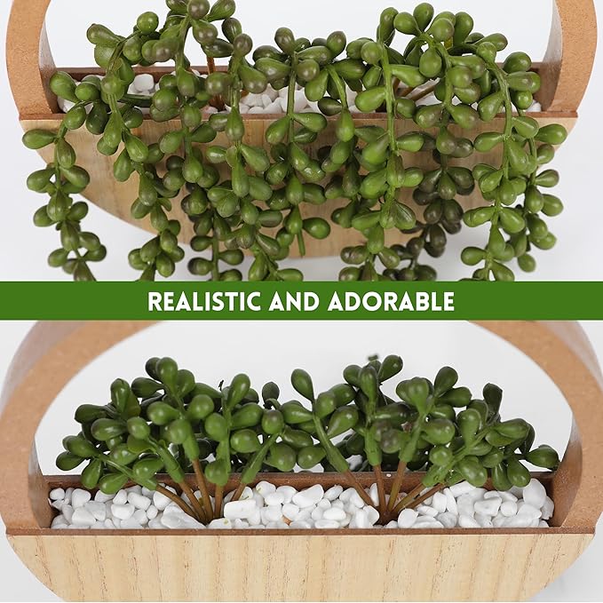 Floweroyal 2pcs Artificial Succulents Hanging Plants 12.2'' Fake String of Pearls in Pot with 8.3'' Lanyard for Indoor Outdoor Wall Decor(Wood Color).