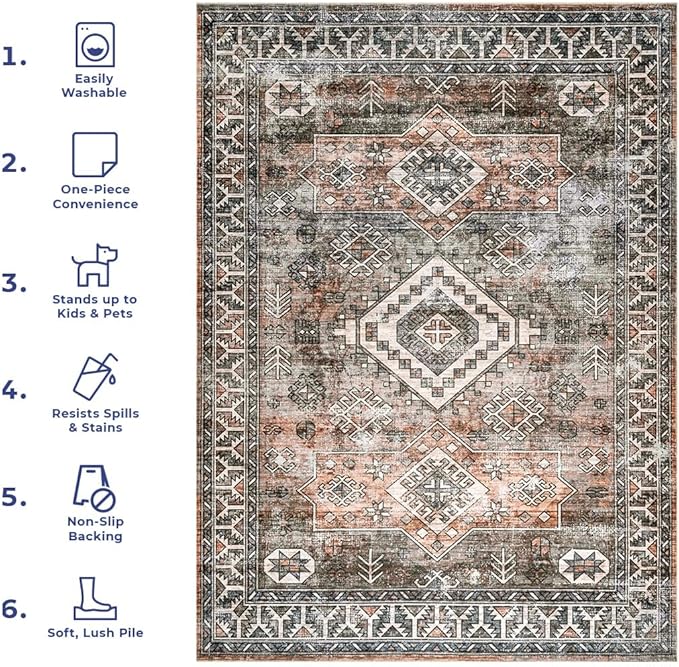 nuLOOM 2x3 Machine Washable Rain Haven Vintage Medallion Area Rug, Rust, Traditional Faded Design, Non-Slip Backing, Stain Resistant, For Bedroom, Dining Room, Living Room, Kitchen