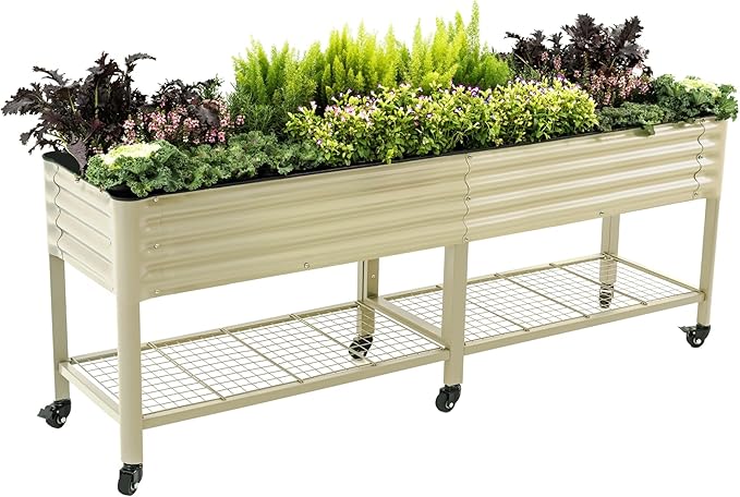 Rolling Elevated Raised Garden Bed-V Series, 2' x 8' Garden Beds with Legs & Storage Rack for Patio & Porch, 1400 Lbs Weight Capacity, Outdoor Planter Box for Vegetables Flower Herbs, Pearl White