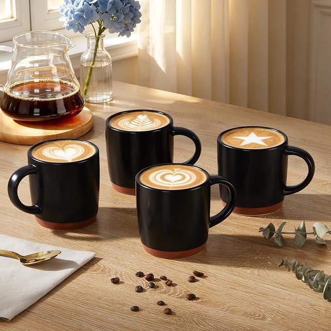 E-far Ceramic Coffee Mug Set of 4, 12oz Stoneware Coffee Cup with Handle, Porcelain Tea Cups, Modern Farmhouse Latte Mug Gift Set for Women & Men, Microwave Safe, Matte Black