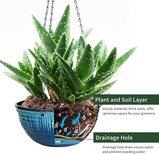 12 inch Hanging Planters for Indoor Outdoor Plants, 2 Pack Large Hanging Flower Pots with Drainage Holes and Chain, Glazed Hanging Baskets for Home Garden Decoration (Blue Flow Glaze)