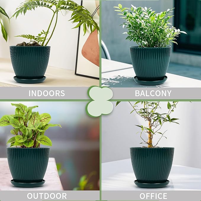 Plant Pots Indoor with Saucers & Drainage - 6 Pack Flower Pots - Plastic Planters for Indoor Planter - 7.5/6.6/5.8/5.0/4.3/3.5 inches Sizes for All Different Types of Plants-Dark Green