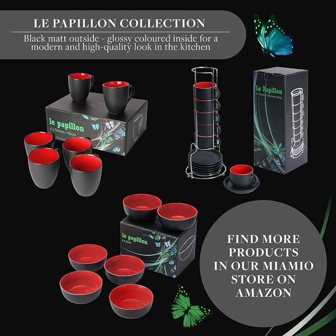 MIAMIO - Coffee Mugs Set of 6 (12 oz) - Le Papillon (Red) - Daily Table Set | Ceramic coffee mugs for coffee, cappuccino and tea, 12 oz for everyday use - dishwasher safe - practical for daily use