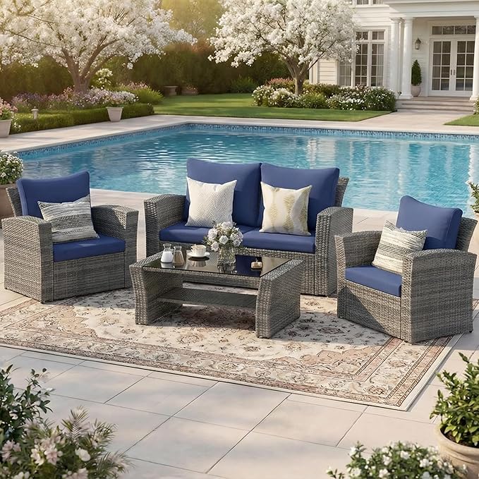 Wisteria Lane 4 Piece Patio Furniture Set, Wicker Outdoor Patio Conversation Furniture Set, All Weather Outdoor Patio Sofa with Cushion and Glass Table, Blue