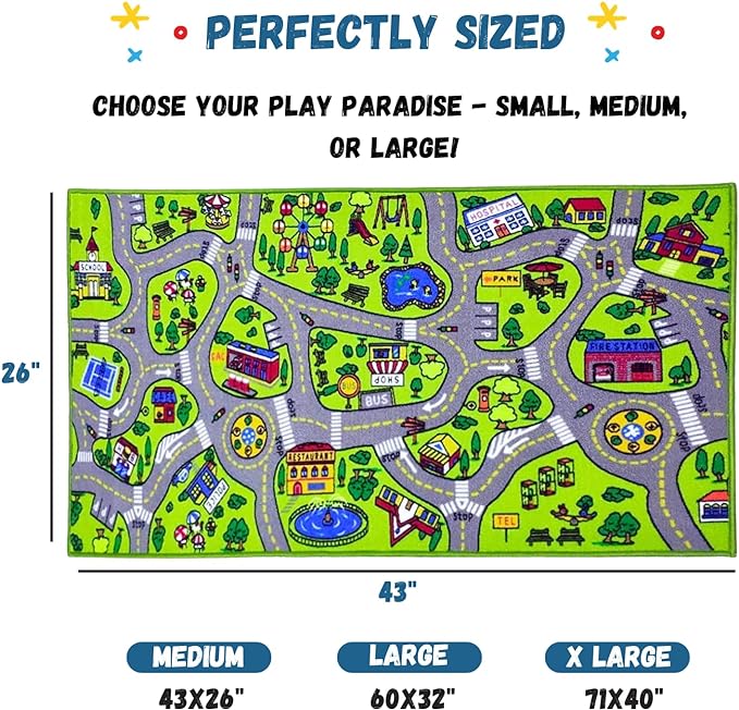 ToyVelt Kids Carpet Playmat Car Rug – Educational Road Traffic Carpet Multi Color Play Mat - Best Kids Rugs for Playroom & Kid Bedroom – for Ages 3-12 Years Old (43" L x 26" W)