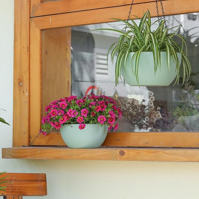 T4U 10 Inch Hanging Planters for Indoor Outdoor Plants, 2 Pack Plastic Hanging Planter, Indoor Hanging Plant Pots, Hanging Basket with Drainage Holes, Flower Pots for Garden Home Decor,Green