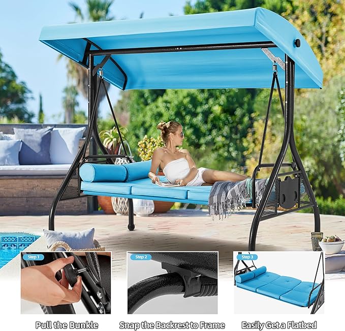 HOMREST 3 Seat Outdoor Porch Swing with Adjustable Canopy, Convertible Patio Swing Bed with Stand, Patio Glider Swing with Upgraded Cup Holder, Thicken Cushions & Pillow for Backyard(Sky Blue)