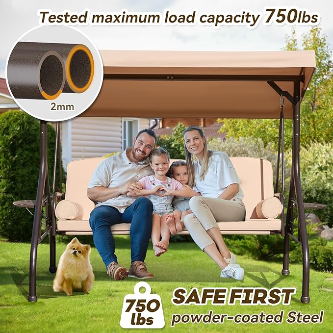 3 in 1 Outdoor Porch Swing with Adjustable Canopy, 3 Seat Outdoor Swing for Adults, Patio Swing Chair with Thickened Cushions,Pillows & Cup Holders for Backyard, Porch, Garden (Khaki)
