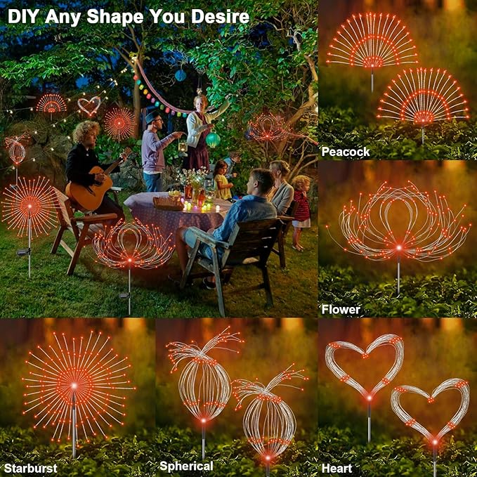 Solar Garden Lights Outdoor, 2 Pack 120 LED Twinkling Firework Lights Decorative with 2 Modes, Outdoor Waterproof Solar Starburst Light for Outside Yard Pathway Garden Decor, Orange