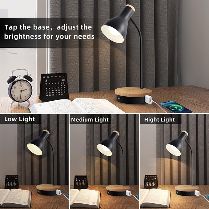 Metal Desk Lamp Wireless Charging Table Lamp Touch Reading Lights Arc Desk Lamps for Bedroom, 3 Way Dimmable Bedside Lamp with USB Charging Ports, Reading Lamp for Study Room and Office (Black-02)