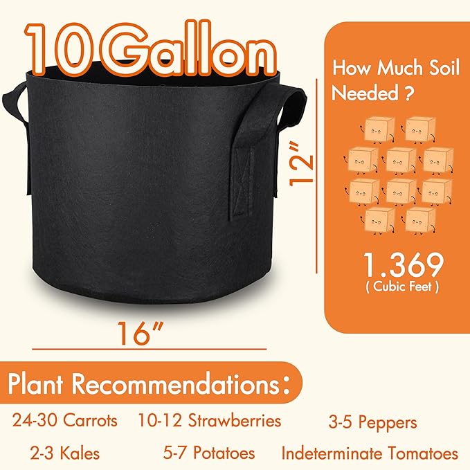 Gardzen 10-Pack 10 Gallon Grow Bags, 300G Thickened Aeration Fabric Pots with Handles, Heavy Duty Cloth Pots for Plants