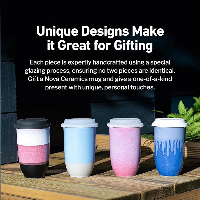 NOVA CERAMICS Coffee Travel Mug – Cup Holder Friendly Travel Mug– Microwave & Dishwasher Safe White & Purple Tumbler - Coffee Mug Fits In Cup Holder – 12oz – Astral Bloom