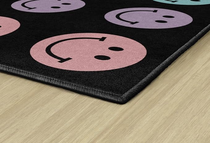 Flagship Carpets Schoolgirl Style Rainbow Smileys in Black Criss-Cross Applesauce Educational Area Rug for Kids Room, Children's Classroom for Teaching & Playroom, 7'6" x 12', Black & Multi, Seats 28