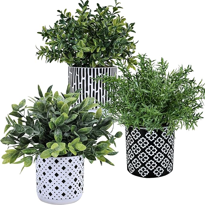 Winlyn 3-Pack Artificial Potted Plants - Faux Eucalyptus, Rosemary, Boxwood Greenery in Small Black & White Geometric Concrete Pots -Desk, Table, Shelf, Windowsill Decor for Indoor Outdoor Home Office