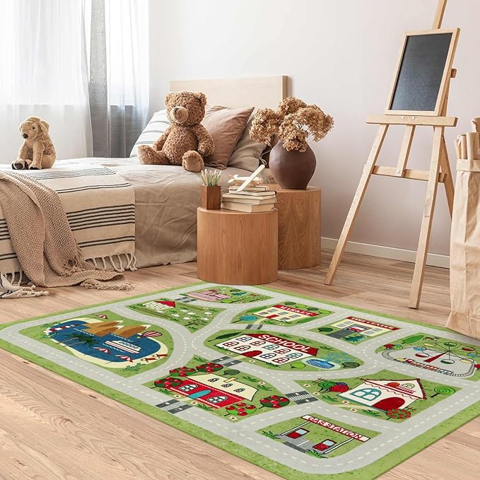 LIVEBOX Green Kids Rug for Kids Room, 3'x5' Washable Road Rug for Playroom, Non-Slip Soft Toy Car Rug for Baby Nursery, Small City Traffic Playmat for Boys Girls Dorm Bedroom Tent