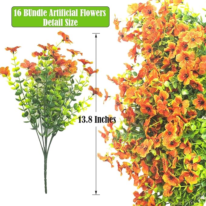 Artificial Fake Flowers for Outdoor Spring Decoration, 16 Bundles Faux Silk Colorful Daisy UV Resistant Realistic for Outside Porch Patio Home Yard Garden Planters Pots Window Box (Orange)