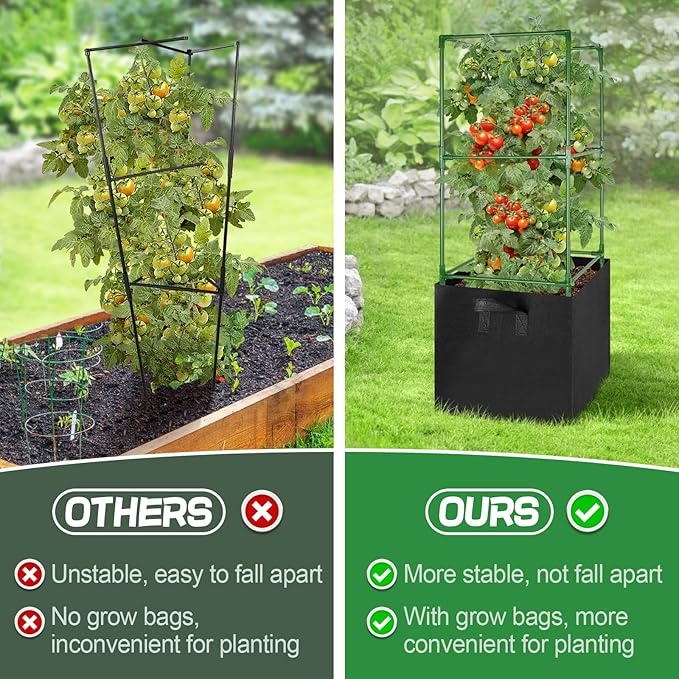 ANPHSIN 3 Sets Tomato Cages with 17 Gallon Grow Bags - 46'' Heavy-Duty Plant Support Trellis Tomato Planter Pots Kit, Garden Vegetables Cucumber Flowers Vertical Climbing Plants Vines