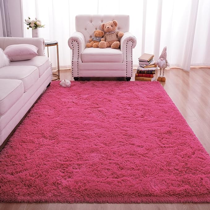 Softlife Rug for Bedroom 4x5.3 Feet Area Rug for Living Room Super Soft Shaggy Rugs for Kids Room Fluffy Fuzzy Carpets Long Plush Bedside Rug Nursery Christmas Home Decoration for Boys Girls, Rose Red