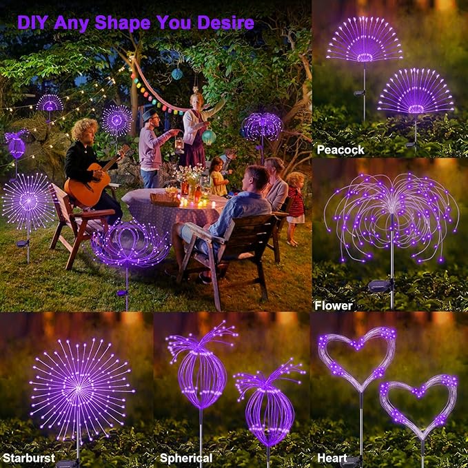 Solar Garden Lights Outdoor, 2 Pack 120 LED Twinkling Firework Lights Decorative with 2 Modes, Outdoor Waterproof Solar Starburst Light for Outside Yard Pathway Garden Decor, Purple