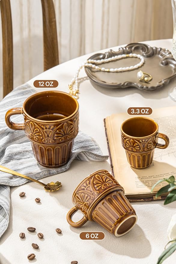 Ceramic Coffee Cups, Coffee Mugs Set of 4, 12 OZ Ceramic Mugs, Stackable Mug, Brown, Microwave & Dishwasher Safe for Hot Drinks Cocoa Latte, Perfect for Daily Use Gathering & All Holiday Gifts