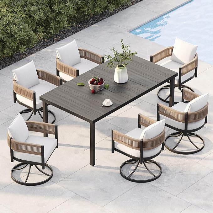Grand patio Outdoor Dining Set for 6, 7PCS Patio Table and Chairs Set, Metal Woven Wicker Swivel Patio Chairs with Thickened Cushions & Rectangular Woodgrain Dining Table with Umbrella Hole (Natural)