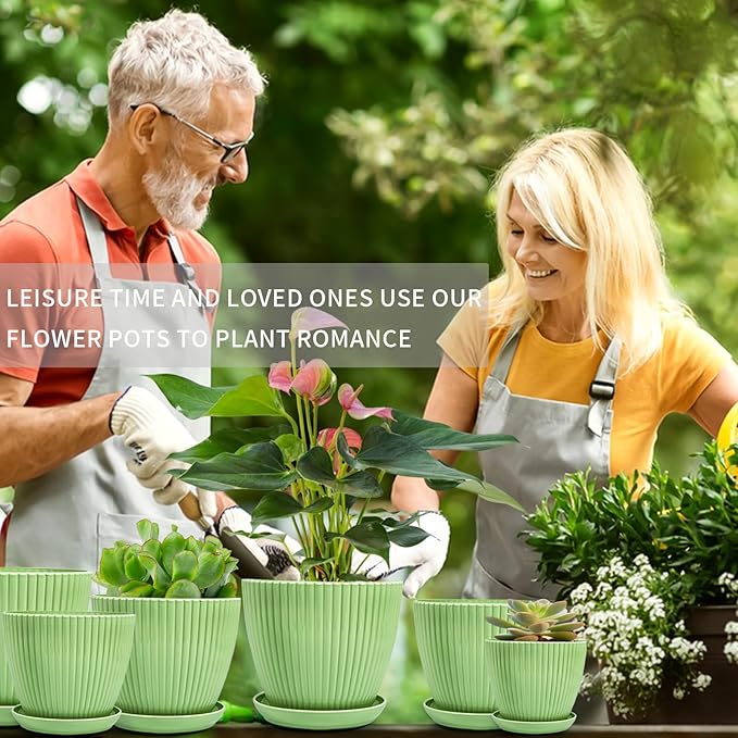 Plant Pots Indoor with Saucers & Drainage - 6 Pack Flower Pots - Plastic Planters for Indoor Planter - 7.5/6.6/5.8/5.0/4.3/3.5 inches Sizes for All Different Types of Plants-Light Green