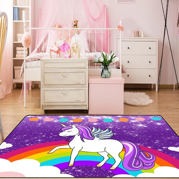 Unicorn Rugs for Girls Bedroom Large Purple Unicorn Rugs for Girls Bedroom Floor Mat Unicorn Floor Rugs for Girls Bedroom for Living Room Dorm Bedroom Home Decor, 5'×7'
