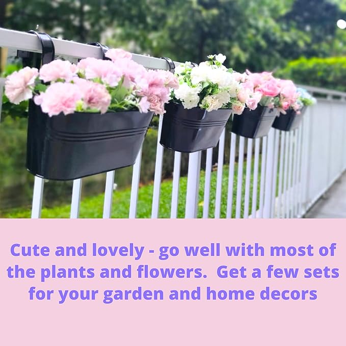 LaLaGreen Rail Planter Outdoor Plants(11.8 Inch, 12 Pack) Black Metal Iron Hanging Flower Pots Deck Railings Fence Buckets Modern Countryside Boho Style Wall Mount Window Box Plant Holder Porch Decor