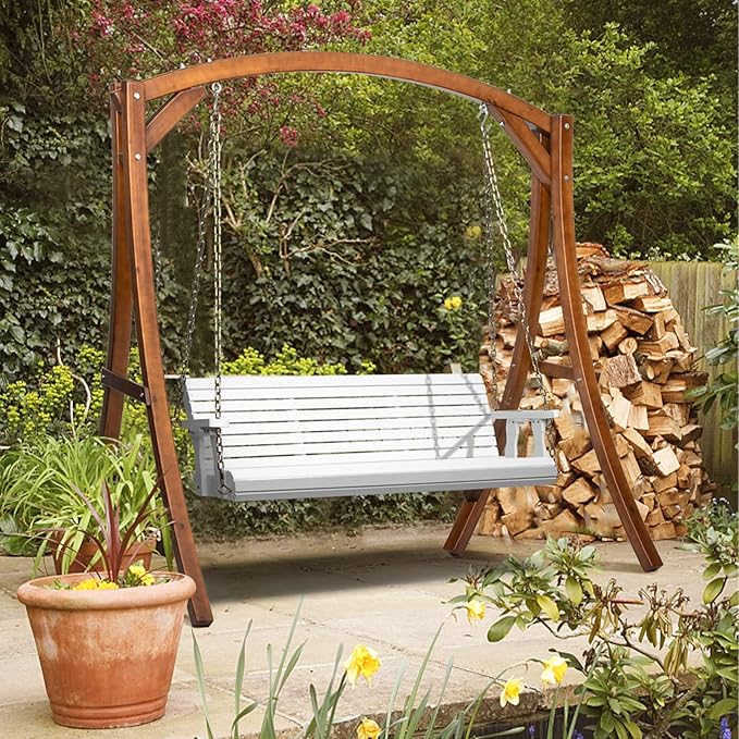 VINGLI Upgraded Patio Wooden Porch Swing for Courtyard & Garden, Heavy Duty 880 LBS Swing Chair Bench with Hanging Chains for Outdoors (5 FT, White)
